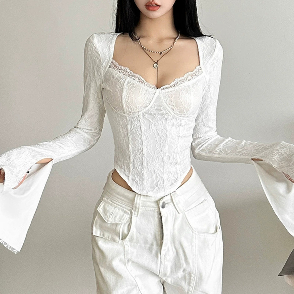ZARA Womens Fall Style Slim Fit Square Neck Long Sleeve Streetwear Top